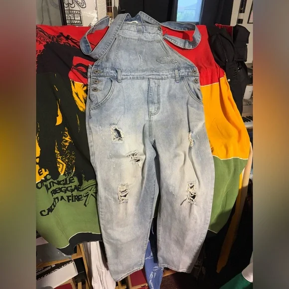 Distressed Light Blue Denim Overalls - Picture 1 of 6